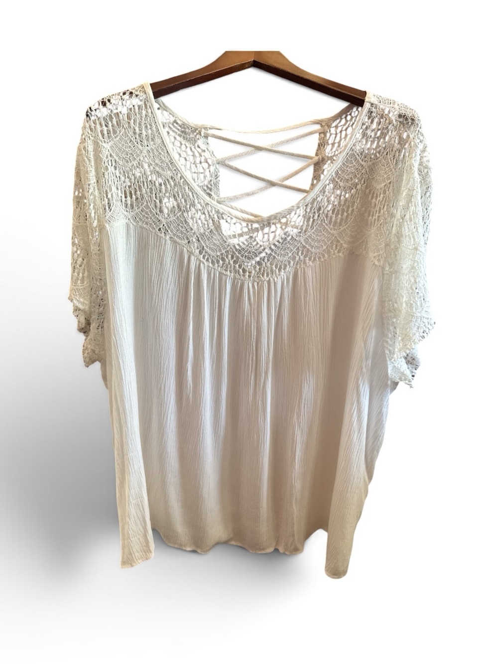 Loralette NWT Women's 4X White Crochet Yoke Lace-Up Boho Blouse Summer Top NEW